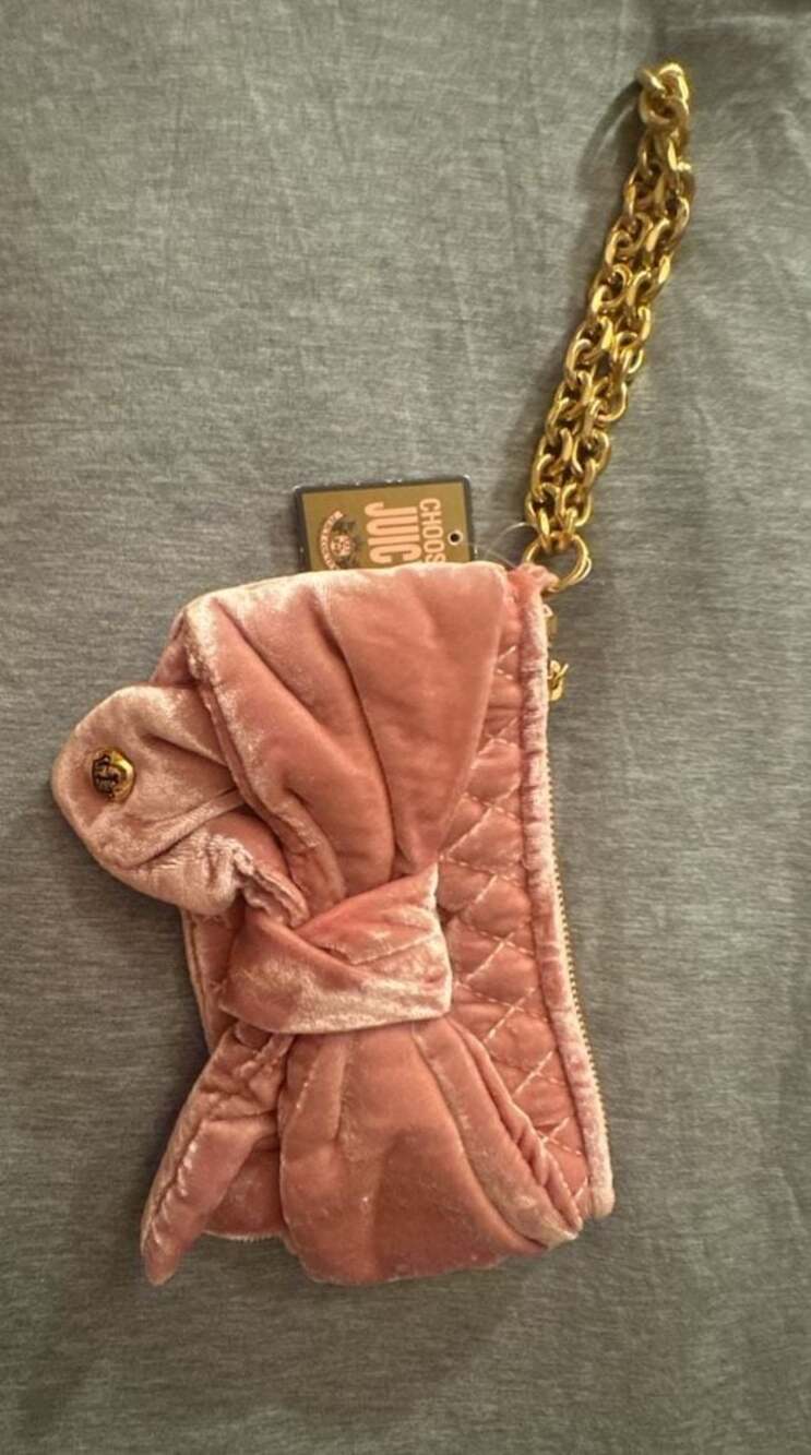Juicy Couture Pink Bow Velvet Quilted Wristlet Clutch with Gold Hardware